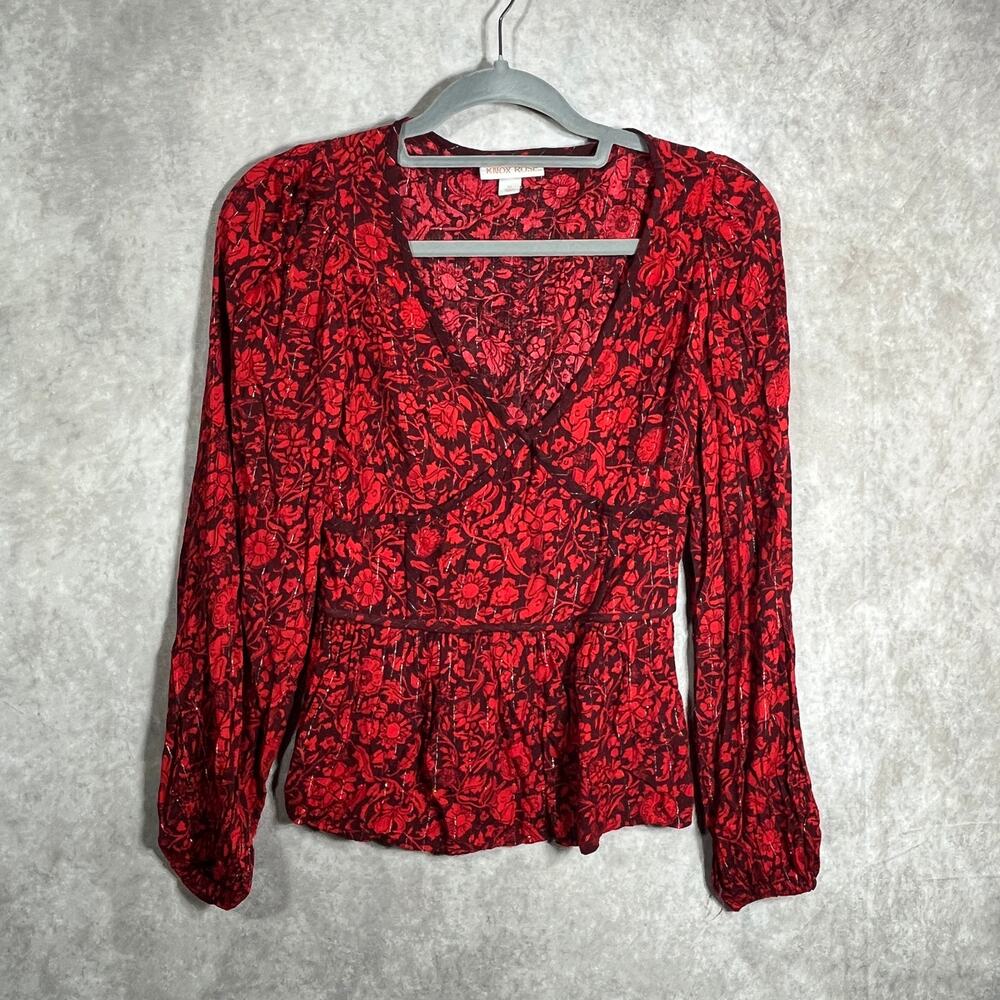 Knox Rose Blouse Womens XS Red Floral Long Sleeves V-Neck Boho 90s Retro‎ Y2K